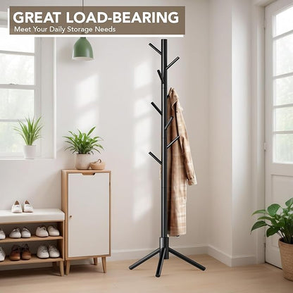 Wooden Tree Coat Rack Stand,Sturdy Freestanding Coat Rack with 8 Hooks,3 Adjustable Height for Child Adult,Wood Coat Stand Tree Fits Entryway Bedroom Office for Bags,Hats