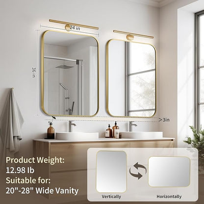 Gold Bathroom Mirror, 24x36 Inch Aluminum Frame Rectangle Mirror, Anti-Rust, Tempered Glass, Wall Mirror for Over Sink, Vanity, Bedroom, Entryway, Horizontal/Vertical