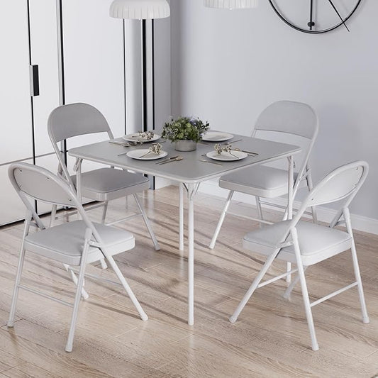 VECELO Portable Folding Card Table Square and Chair Set (5pc) with Collapsible Legs & Vinyl Upholstery, Metal, Grey