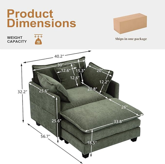 Furniliving Oversized Accent Chair with Ottoman, Luxury Chenille Single Sofa, Upholstered Deep Seat Chaise Lounge with Pillows for Living Room, Bedroom, Apartment, Green