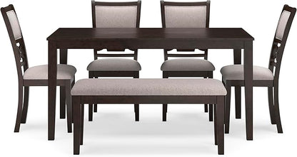 Signature Design by Ashley Langwest Transitional Diamond Patterned Dining Table with 4 Upholstered Chairs and Bench, Set of 6, Dark Brown & Beige