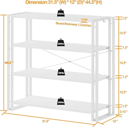 HCHQHS Bookshelf, 4-Tier Industrial Bookcase, White Open Book Shelf, Freestanding Tall Bookshelves with Metal Frame