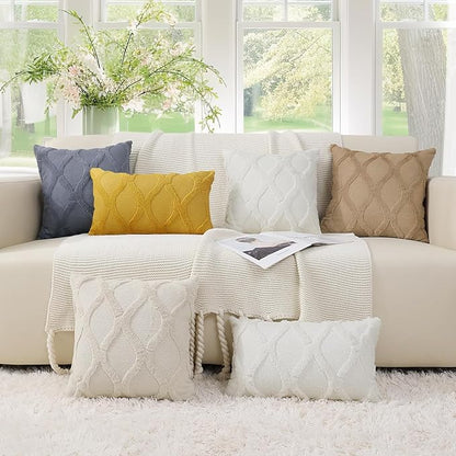 decorUhome Fall Throw Pillow Covers 18x18 Inch Set of 2, Soft Plush Faux Fur Wool Mustard Yellow Couch Pillow Covers, Decorative Neutral Pillow Cases for Bed Sofa Living Room Home Decor
