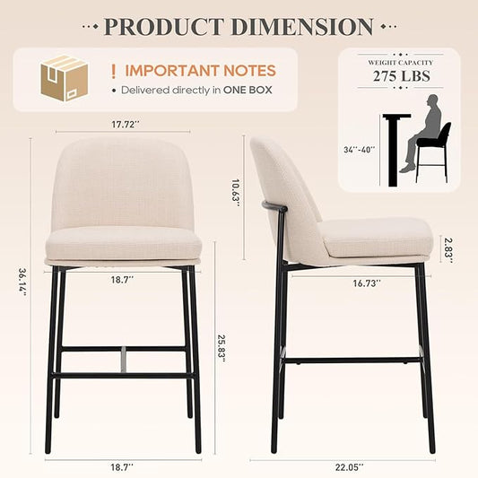 COLAMY Counter Height Bar Stools Set of 2, 25 Inch Modern Fabric Kitchen Island Stools with Back, Upholstered Counter Barstools Armless Bar Chairs with Metal Legs for Island Dining Room Bar, Beige
