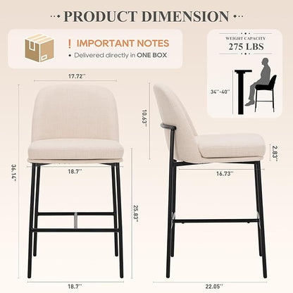 COLAMY Counter Height Bar Stools Set of 2, 25 Inch Modern Fabric Kitchen Island Stools with Back, Upholstered Counter Barstools Armless Bar Chairs with Metal Legs for Island Dining Room Bar, Beige