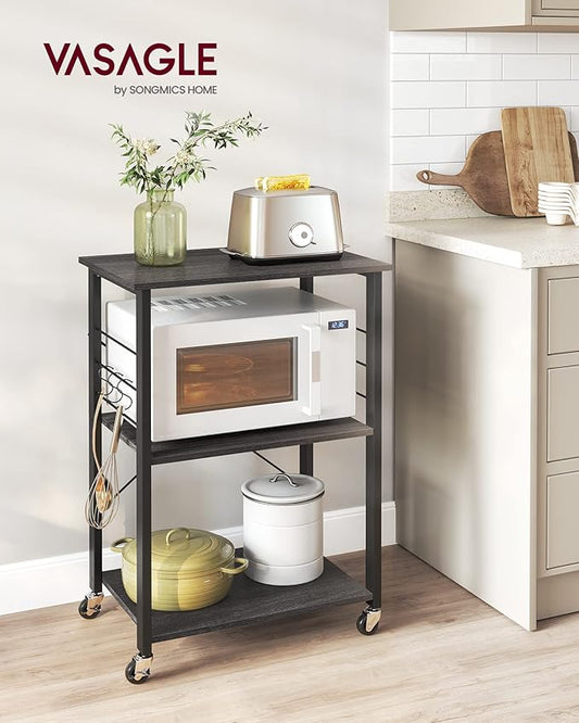 VASAGLE Kitchen Shelf on Wheels, Serving Cart with 3 Shelves, Kitchen Cart, Microwave Shelf, for Mini Oven, Toaster, with 6 Hooks, Industrial Stylee, Ebonized Oak Finish and Black UKKS060B42