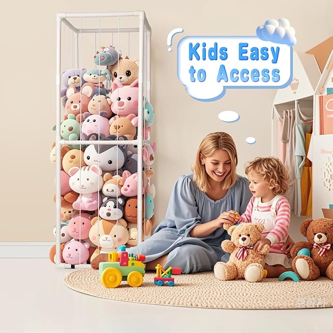 Stuffed Animal Zoo Storage - Tall PVC Material Toy Organizer with Elastic Cords & Shelf, Space-Saving Plushie Playhouse for Nursery, Playroom, Kids Bedroom - Easy Assembly