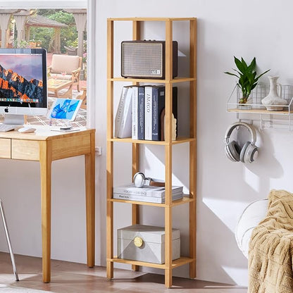 54in Tall Bookshelf 5-Tier Small Narrow Bookcase, Skinny Book Shelf for Small Space, Farmhouse Slim Shelf with Storage, Wood Freestanding Display Thin Bookshelves for Living Room, Natural
