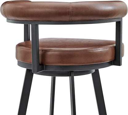Armen Living Magnolia Swivel Counter Stool in Black Metal with Brown Faux Leather