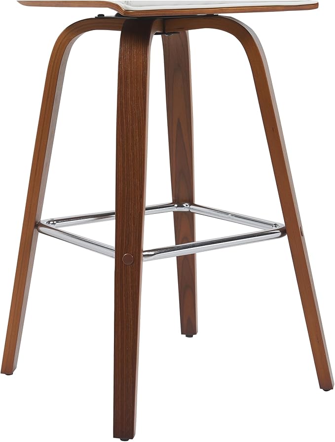 Vienna Modern Swivel Bar Height Stool with Snow White Faux Leather Seat and Walnut Finished Wood Frame Set of 2