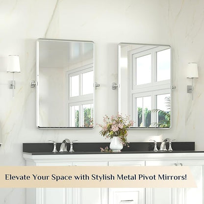 Keonjinn 24 x 36 in Silver Pivot Mirror, Satin Nickel Beveled Tilt Mirror Bathroom Rectangle, Adjustable Tilted Mirrors Bathroom for Over Sink, Framed Vanity Mirrors for Wall (Horizontal/Vertical)
