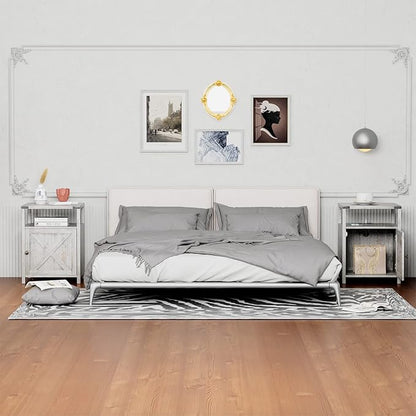 Farmhouse Nightstand with Charging Station, Grayish White End Table Bedroom with Storage Living Room Side Table Beige Night Stand Industrial Bedside Bed Table with USB Ports and Outlets
