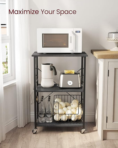 VASAGLE Kitchen Shelf on Wheels, Serving Cart with 3 Shelves, Kitchen Cart, Microwave Shelf, for Mini Oven, Toaster, with 6 Hooks, Industrial Stylee, Ebonized Oak Finish and Black UKKS060B42