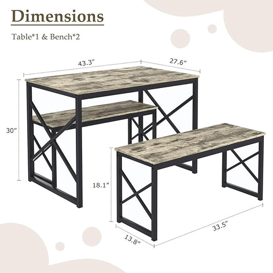 VECELO Kitchen Dining Table Set for 4, 43.3" Wood Rectangle Dinette with 2 Benches, Heavy-Duty Metal Frame for Small Space, Breakfast Nook, Grey