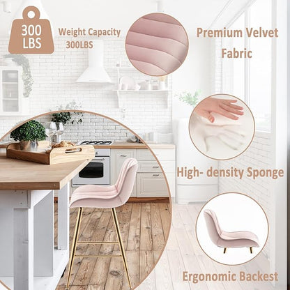 Sidanli Pink Bar Stools Set of 2, Velvet Counter Stools with Footrests, 24” Armless Counter Height Chairs for Bar, Kitchen, Living Room