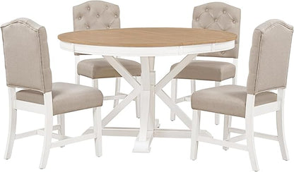 SogesPower 5-Piece Round Farmhouse Retro Dining Table Set for 4, Space-Saving Kitchen Table Set with Extendable Table and 4 Upholstered Chairs for Dining Room Living Room,Oak Natural Wood
