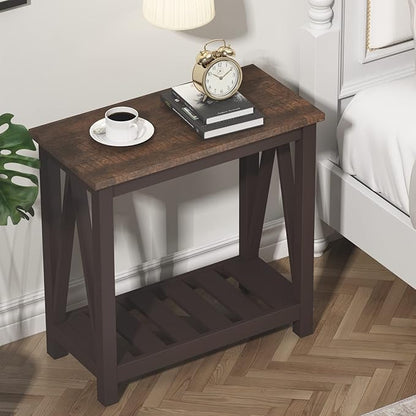 ChooChoo Farmhouse End Table, Rustic Vintage Narrow End Side Table with Storage Shelf for Small Spaces, Nightstand Sofa Table for Living Room, Bedroom Espresso 2 Pack