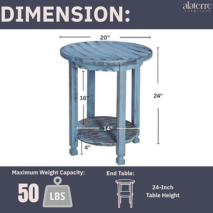Rustic Cottage Round End Table w/ 1 Shelf - 25 in. W x 20 in. D x 24 in. H - Distressed Blue - Assembly Required - Select Hardwoods with Wood - Living Room Furniture - Solid Wood