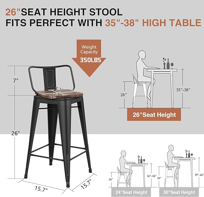 24 Inch Swivel Bar Stools Set of 2 with Backs Counter Height Industrial Metal Barstools Island Bar Chairs for Home Kitchen Dining Room (Swivel 24 inch,Matte Black Wooden)