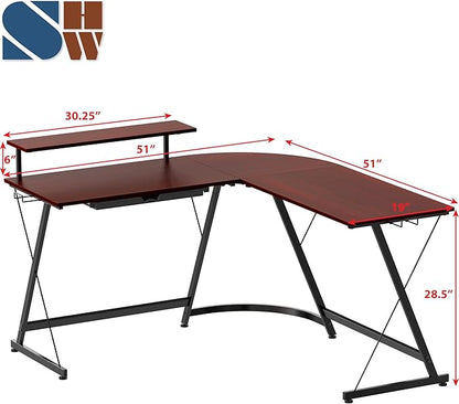 SHW 51 x 51 Inches Vista L-Shaped Desk with Monitor Stand and Drawer, Cherry