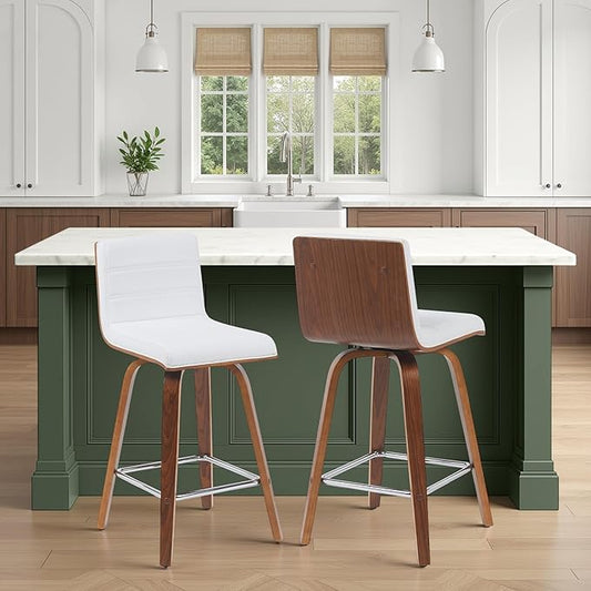 Vienna Modern Counter Height Swivel Bar Stool with Snow White Faux Leather Seat and Walnut Finished Wood Frame Set of 4