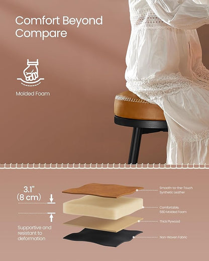 VASAGLE EKHO Collection - Swivel Bar Stools Set of 2, Bar Height Backless Bar Stools, Synthetic Leather with Stitching, Mid-Century Modern, 30-Inch Tall Kitchen Barstools for Home Bar, Caramel Brown