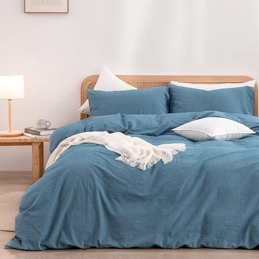 BESTOUCH Duvet Cover Set 100% Washed Cotton Linen Feel Super Soft Comfortable Chic Lightweight 3 PCs Home Bedding Set Solid Dark Blue Queen