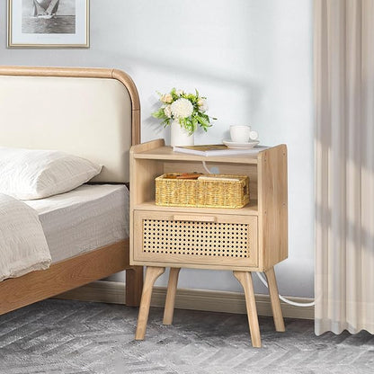 Lerliuo Rattan Nightstands Set of 2 with Charging Station, Boho Side Table with Drawer Open Shelf, Cane Accent Bedside End Table with Solid Wood Legs for Bedroom, Dorm and Small Spaces (Natural)