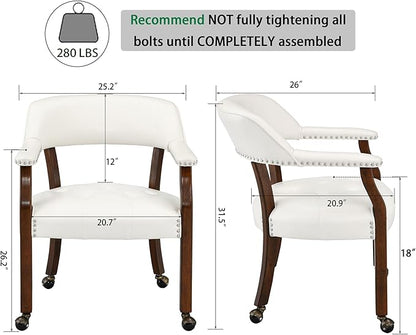 LEEMTORIG Large Dining Chairs with Casters and Arms, Rolling Dining Chairs with Wheels, Accent Game Poker Chairs, Wood Boss Caption's Chairs, 26“Dx25.2 Wx31.5“H, Cherry Legs & Ivory PU, SY-1533-WT