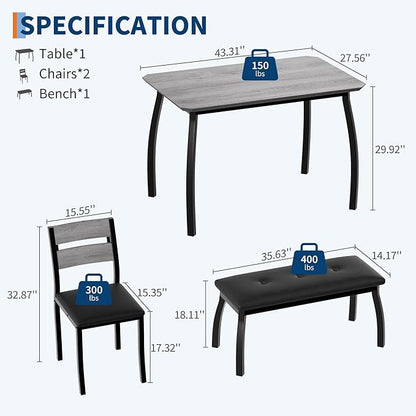 Dining Table Set for 4, Wooden Kitchen Table with Upholstered Bench & 2 Cushion Chairs, Space-Saving Dinette Set for Studio, Kitchen, Dining Room, Apartment(43''x28''x30''), Gray
