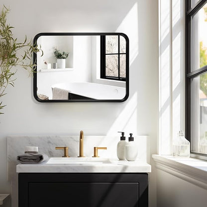 WallBeyond 18x24 Inch Wood Mirror for Bathroom, Wooden Frame Wall Mirror Farmhouse Wall Mounted Rectangle Mirror for Vanity (Horizontal/Vertical Black Color)