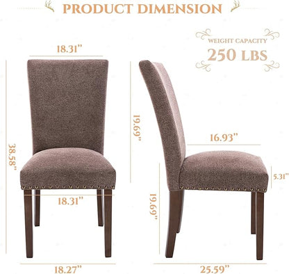 Parsons Dining Chairs Set of 4, Upholstered Nailhead Dining Room Kitchen Side Chair with Thick Cushions and Wood Legs, Brown