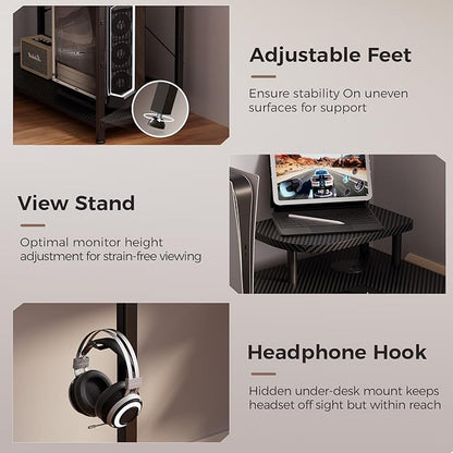 GTPLAYER L Shaped Gaming Desk, Carbon Fiber Style Computer Desk with Monitor Shelf and Hook, Black Small L Shape Desk with Adjustable Open Storage Shelf, Corner PC Table for Small Space Home Office