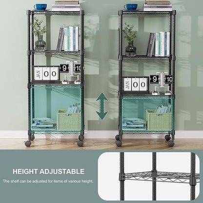 4-Shelf Adjustable Heavy Duty Steel Wire Rack, Adjustable Storage Shelving Unit with Wheel for Kitchen, Garage, Laundry Black 11.8" D x 17.7" W x 40.8" H