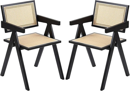 Rattan Dining Chairs Set of 2, Modern Mid Century Dining Chairs with Arms, Outdoor Bamboo Chairs for Bedroom, Living Room, Reading Room, Black
