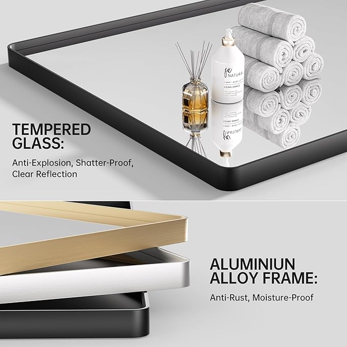 Hasipu Black Bathroom Mirror for Wall, 48 x 24 Inch Metal Framed Bathroom Mirrors for Over Sink, Rectangle Bathroom Vanity Mirror, Anti-Rust, Tempered Glass, Horizontal or Vertical