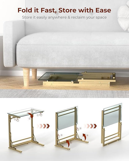 Tatub 24" Folding TV Tray Table, Glass C Shaped End Table for Couch, Small Sofa-Side Laptop Desk with Gold Metal Frame for Living Room, Bedroom, Bedside