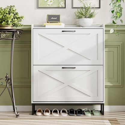 Maupvit Shoe Cabinet with 2 Flip Drawers, Freestanding Shoe Cabinet Organizer with Metal Legs, Shoes Storage Cabinet for Entryway, Narrow Shoe Rack Cabinet, White