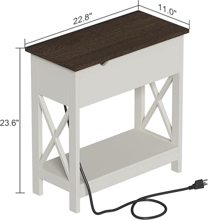ChooChoo End Table with Charging Station, Narrow Flip Top Side Table with USB Ports & Power Outlets for Small Spaces, Nightstand Sofa Table for Living Room, Bedroom, White and Brown, 2 Pack