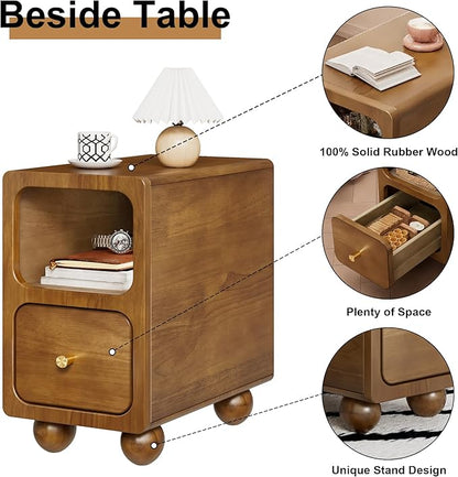 Solid Wood Nightstand, Narrow Night Stand with Drawers, Walnut Mid Century Modern Nightstand, Small Beside Table with Open Storage Shelf for Bedroom (10 inch)