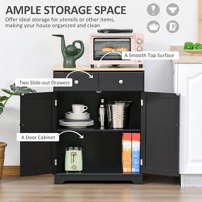 HOMCOM Sideboard with Solid Wood Countertop, Modern Kitchen Storage Cabinet, Coffee Bar Cabinet with 2 Drawers, Doors and Adjustable Shelf, Black