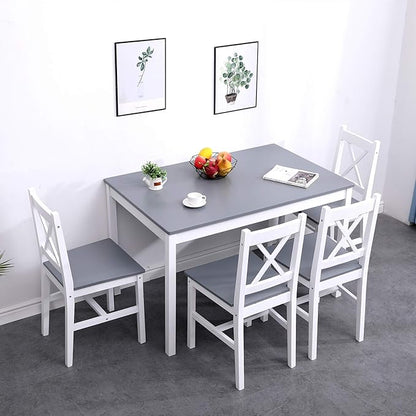 soges Dining Table Set for 4, 42.5 inch Pine Wood Dining Room Table with 4 Chairs, 5-Piece Kitchen Table Chairs Set for Small Space, Apartment, Dinette, Breakfast, White & Grey