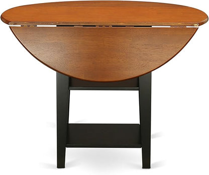 East West Furniture SUPF5-BCH-C 5 Piece Kitchen Table & Chairs Set Includes a Round Dining Table with Dropleaf & Shelves and 4 Linen Fabric Dining Room Chairs, 42x42 Inch, Black & Cherry