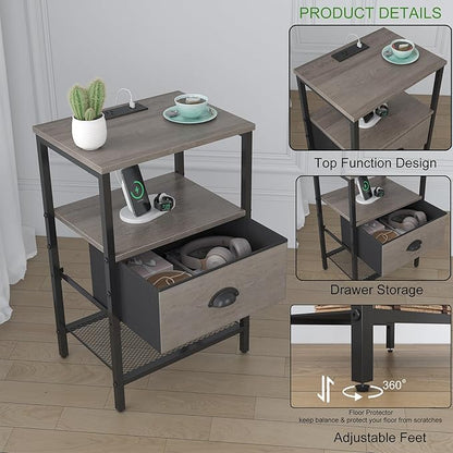 Nightstands Set of 2, Night Stands with Charging Station and Fabric Drawer, Grey Bedside Tables with Drawer, 2- Tier Side Table with Storage, Nightstands with Charging Station,Grey