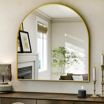 Arched Bathroom Mirror, 32x34 Inch - Wall Mounted Vanity Mirror with Aluminum Alloy Frame - Ideal for Living Room, Bedroom, Bathroom, and Entryway, Hanging or Leaning, Gold