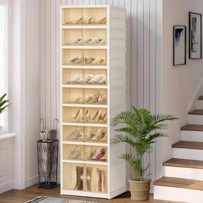 Foldable Shoe Organizer Storage Box, Portable Extra Large Folding Shoe Rack for Closet, Shoe Storage Box with Magnetic Transparent Door and Wheels, 9 Layers 18 Grids with 2 Big Grids for 2 PCS