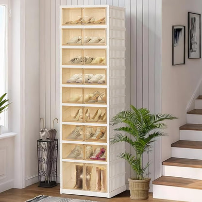 Foldable Shoe Organizer Storage Box, Portable Extra Large Folding Shoe Rack for Closet, Shoe Storage Box with Magnetic Transparent Door and Wheels, 9 Layers 18 Grids with 2 Big Grids for 2 PCS