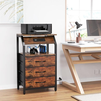 End Table with Charging Station, Nightstand with LED Lights and 3 Drawers, Small Dresser with Fabric Storage, Retro Side Table for Bedside, Living Room Dorm, Rustic Brown