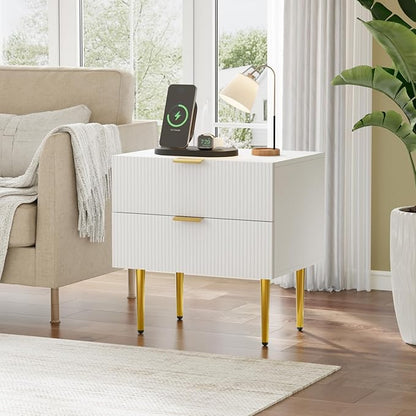 White Nightstand for Bedroom, Fluted Night Stand, End Table for Living Room, Mid Century Modern Bedside Table with Drawers, Bed Side Table with Gold Metal Legs, Bedroom Furniture Stripe