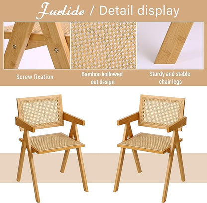 Rattan Dining Chairs Set of 2, Modern Mid Century Accent Chairs, Comfy Armchairs, Outdoor Rattan Chairs with Armrest for Bedroom Living Room Reading Room Dining Kitchen